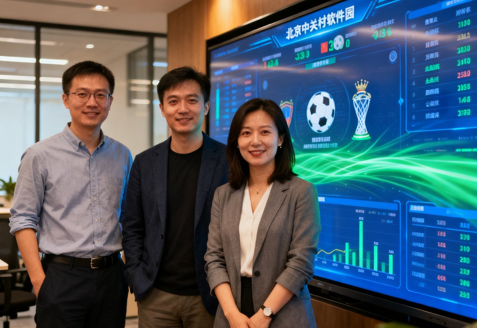 世界杯实时数据网三位联合创始人在北京中关村软件园办公室的合影，身后是实时数据可视化大屏，三人分别是张明远、陈志豪和李薇，展现科技创业团队的务实氛围